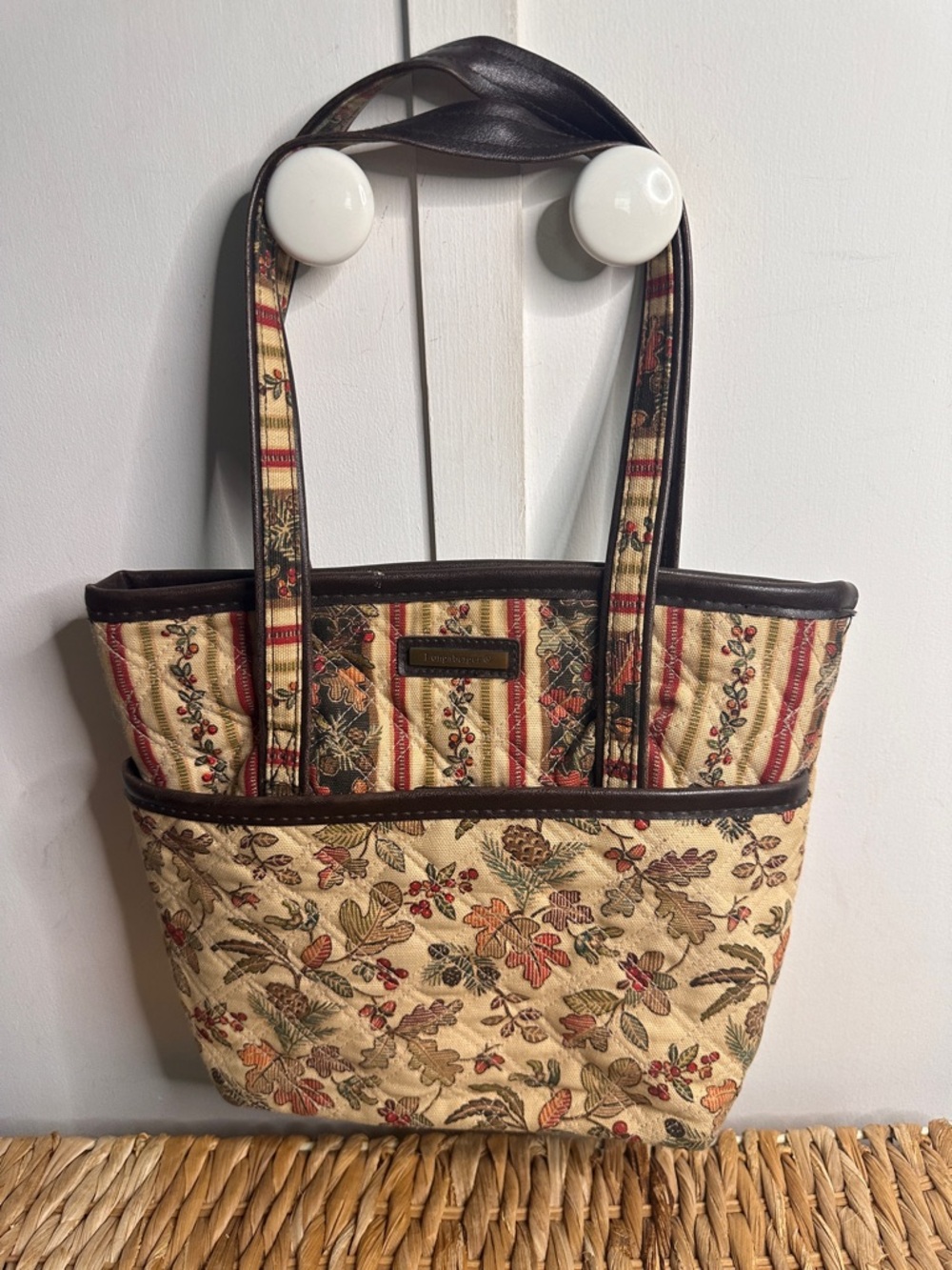 Longaberger Quilted Floral Tote in Cream, Brown and Red Accents